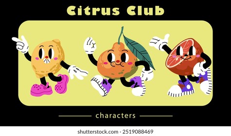 Cartoon food in retro style. Citrus characters in funny 30s style. Doodle lemon, mandarin and orange in boots and white gloves.