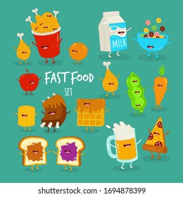 cartoon food set, breakfast, cornflakes, beer and pizza, vegetables, friends forever. Vector illustration. Use for the menu, in the shop, in the bar, the card or stickers. Easy to edit. 