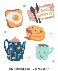 Cartoon food set. Flat vector illustration of pancakes, toast, tea