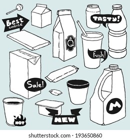 Cartoon food and snack packages. Vector outline hand drawn image set.