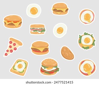 Conjunto de pegatinas de comida de dibujos animados. Ilustración vectorial