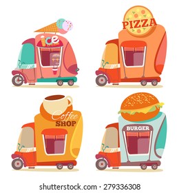 Cartoon food trucks set isolated on white background. Street-food illustration in vector