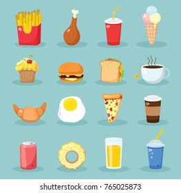 Cartoon food vector illustrations- cupcake, croissant, cup of tea and coffee, scrambled eggs, hamburger and french fries