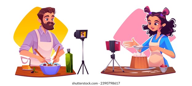 Cartoon food video blog vector illustration. Young woman and man cooking and streaming or recording process. People demonstrate tutorial of making dough, preparing pastry and pasta in front of camera