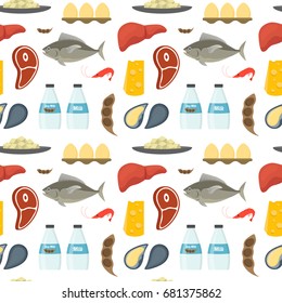 Cartoon Food with Vitamin B12 Background Pattern on a White Concept Healthy Nutrition or Diet Flat Design Style. Vector illustration