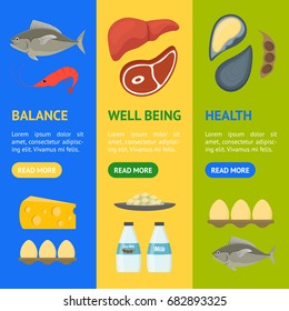 Cartoon Food with Vitamin B12 Banner Vecrtical Set Concept Healthy Nutrition or Diet Flat Design Style. Vector illustration