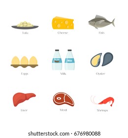 Cartoon Food with Vitamin B12 Elements Concept Healthy Nutrition or Diet Isolated on White Background Flat Design Style. Vector illustration