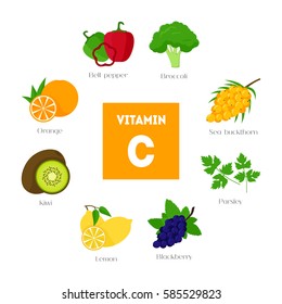Cartoon Food with Vitamin C Infographics Concept Healthy Nutrition or Diet Flat Design Style. Vector illustration