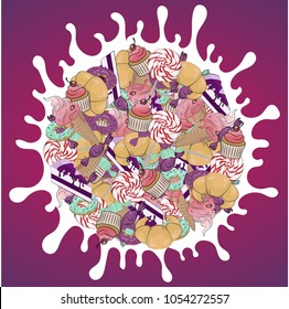 Cartoon foods vector illustration. Bright colored sweets. 