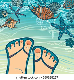 Cartoon foot in blue flip-flops and seashells with starfish on a beach. Summer travel vector illustration.
