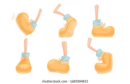 Cartoon Foot in Laced Shoe and Sock in Different Walking Poses Vector Set