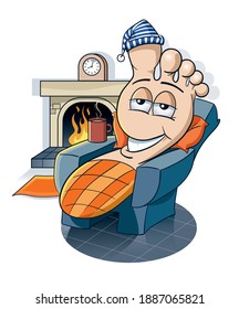 Cartoon foot resting in armchair with hot drink in front of fireplace
