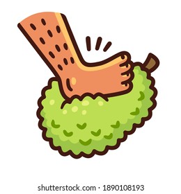 Cartoon foot stepping on jackfruit. Enfiar o pé na jaca (Put one's foot in a jackfruit in Portuguese) Brazilian expression for Get drunk. Vector clip art illustration.