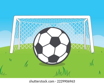 Cartoon football field with goal and soccer ball. Comic style playground vector illustration.