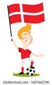 Cartoon football player for Denmark holding Danish flag