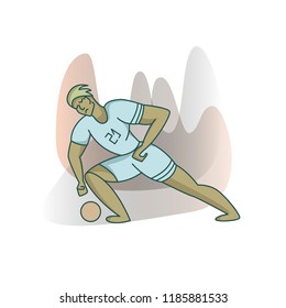 Cartoon football player kicking the ball. Character in vector in flat manner