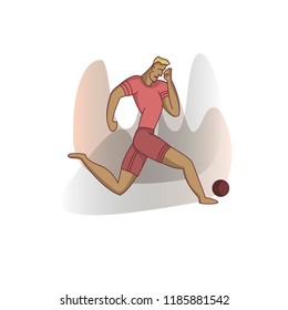Cartoon football player kicking the ball. Character in vector in flat manner