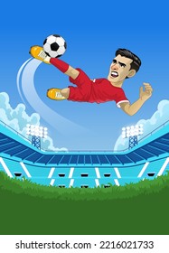 Cartoon Football player Kicking the ball while flying