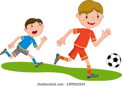 Cartoon football player in red uniform, two football players on white background. Football attack.