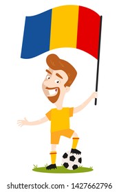 Cartoon football player for Romania holding Romanian flag