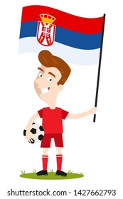 Cartoon football player for Serbia holding Serbian flag