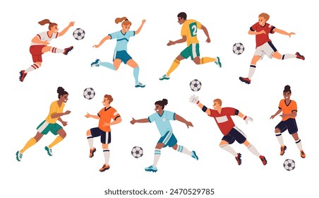 Cartoon football players. Athletes characters in uniform play soccer. People with ball in different poses. Sport game competition. Goalkeeper jumps. Footballers run