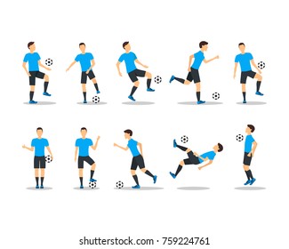 Cartoon Football Players Icon Set Playing, Kicking, Training and Practicing Soccer Sport. Vector illustration of Footballer and Game Ball