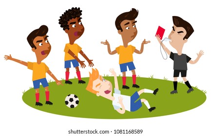 Cartoon football referee blowing whistle, holding red card, tackled player taking a dive, opponents complaining isolated on white background