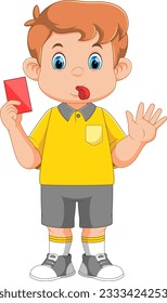 cartoon football referee with headset blowing whistle, holding red card of illustration