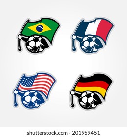 Cartoon football soccer ball character with various national flags in hand