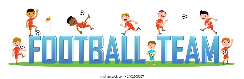 Cartoon football team. Collection players team. Vector illustration. Many football players  on white background.
