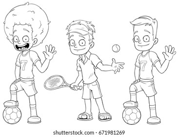 Cartoon football tennis players black and white character vector set for coloring