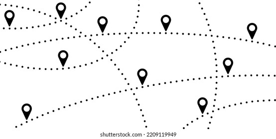 Cartoon Fußweg zu Fuß, Radweg oder Flugzeugleitung. Flaches Vektorstraßenlinienbild oder Logo für Silhouette. Reisepunktnavigation. Tourismusweg, Kartenkonzept. Zeiger zum Aufrufen der Position.