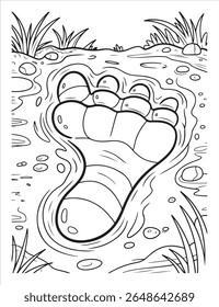A cartoon footprint in mud is surrounded by grass. This is a black and white outline image, perfect for a coloring page or simple illustration.
