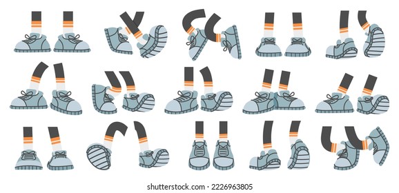 Cartoon foots with sneakers. Comic legs with shoes in walk, stand and jump poses. Stick feet with footwear, limbs for character design vector set. Male person trainers back, front and side views