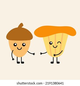 Cartoon forest acorn and chanterelle mushroom in kawaii style. Vector cute flat simple characters. Fall concept, nature, harvest, smile, autumn. Fashion design for sticker, logo, patches, icons.