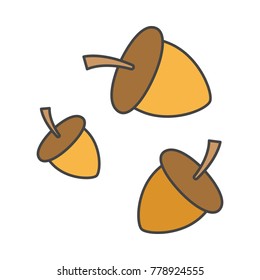 Cartoon forest acorns isolated on white background. Food for small birds, squirrels and pigs. Nuts with brown hats from oak vector illustration. Organic fruit of trees and traditional medicine means.