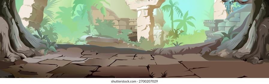 Cartoon Forest Ancient Construction Vector, Jungle Old Stone Place Background, Vector Illustration