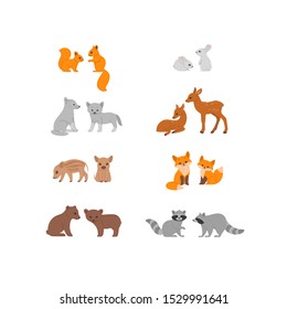 Cartoon forest animal character. Set of animal characters - raccoon, fox, hare, bear, marten, wolf. Childish vector print for nursery, kids apparel, poster, postcard, pattern.