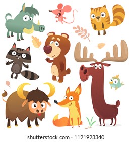 Cartoon forest animal characters.  Big set of cartoon forest animals flat vector illustration. Squirrel, mouse, raccoon, boar, fox, buffalo, bear, moose, bird. Isolated