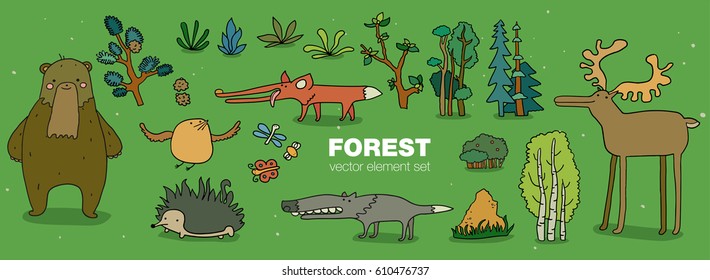 Cartoon forest animal characters collection. Hand drown flat vector illustration. Bird, hedgehog, wolf, fox, beaver, bear, moose with birch trees and plants