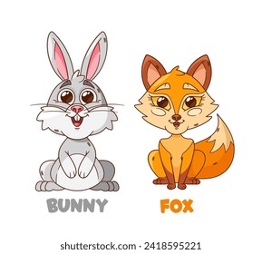 Cartoon Forest Animal Characters. Fluffy Adorable Bunny With Big, Sparkling Eyes And Clever Fox With A Mischievous Grin