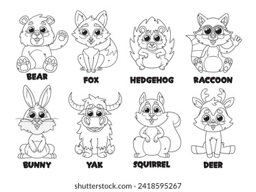 Cartoon Forest Animal Characters Outline Monochrome Vector Icons Set. Cute Bear, Fox, Hedgehog and Raccoon, Bunny, Yak