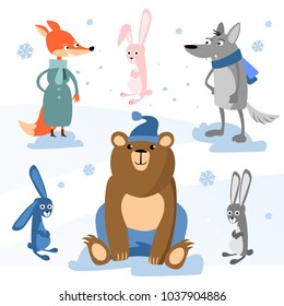 Cartoon forest animal characters. Wild cartoon cute animals collections vector winter