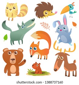 Cartoon forest animal characters. Wild cartoon cute animals set. Big set of cartoon forest animals flat vector illustration design. Squirrel, hedgehog, hamster, wolf, fox, toucan bird, bear, deer