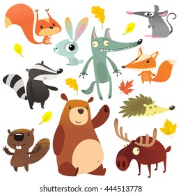 Cartoon forest animal characters. Wild cartoon cute animals collections vector. Big set of cartoon forest animals flat vector illustration.  Squirrel, mouse, badger, wolf, fox, beaver, bear, moose