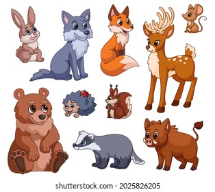 Cartoon forest animal. Nature animals, woodland cute squirrel, wolf, bear. Red fox and mouse for children print or stickers. Zoo wild garish vector characters