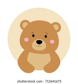 Cartoon forest animal in round frame.  Cute brown bear on beige backgrounds. Flat design. Vector Illustration.