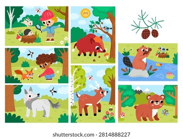 Cartoon forest animals backgrounds set. Colored woodland nature horizontal, vertical landscapes with trees, plants, bear, deer, wolf, kids explorers. Wildlife scenes with beaver, stream, squirrel
