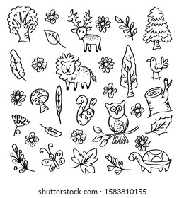 Cartoon forest animals in black and white.